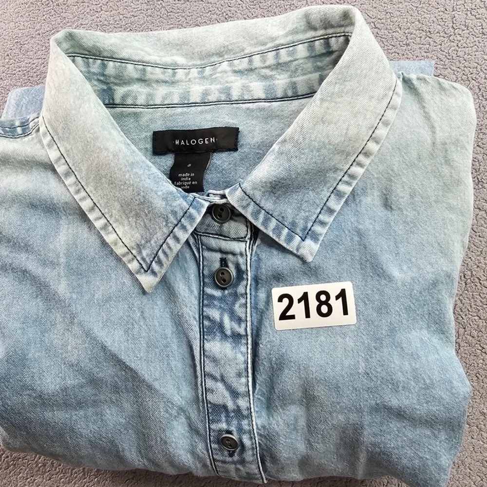 Halogen Shirt Dress Womens S‎ Blue Denim Acid Wash Drawstring Waist Button Front - Picture 14 of 14